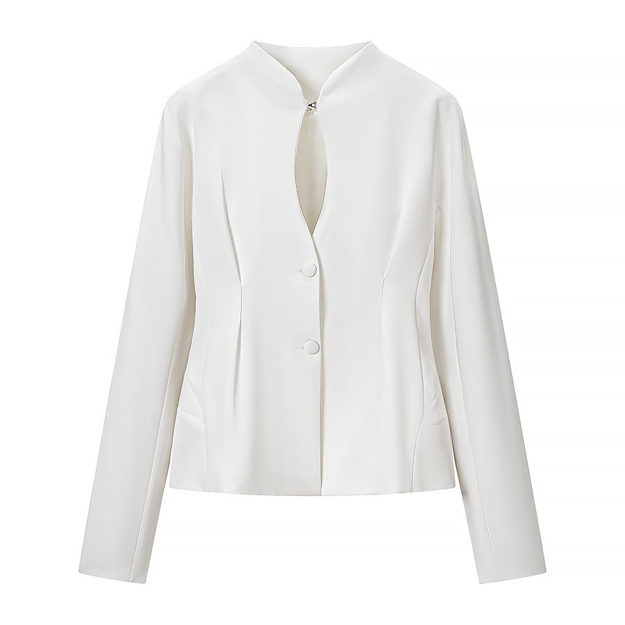 Women Tailored Short Blazer with Keyhole Collar and Tonal Decorative Buttons Mune Fashion