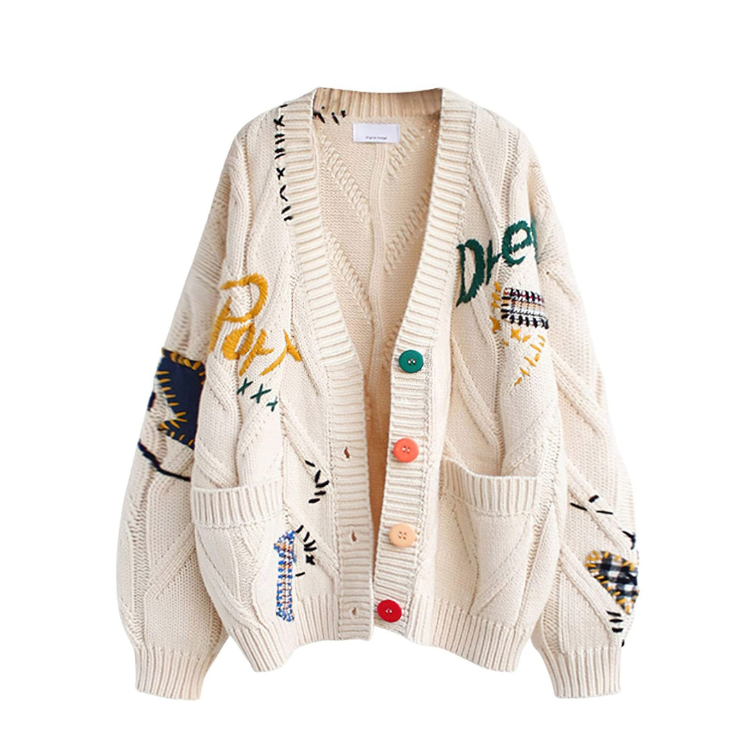 Women's Stylish Knitted Cardigan with Colorful Buttons and Elaborate Design