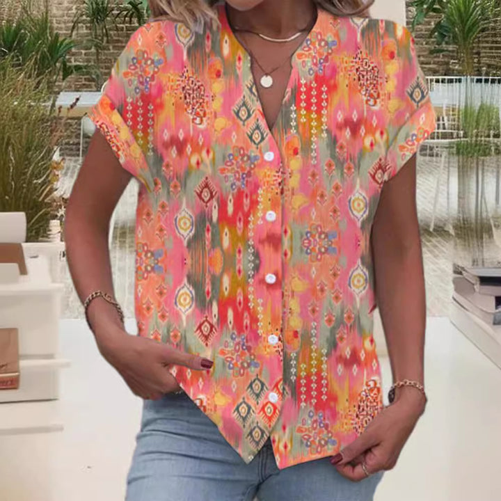 Women's casual short-sleeve blouse with V-neck, button placket and folk all-over print Mune Fashion