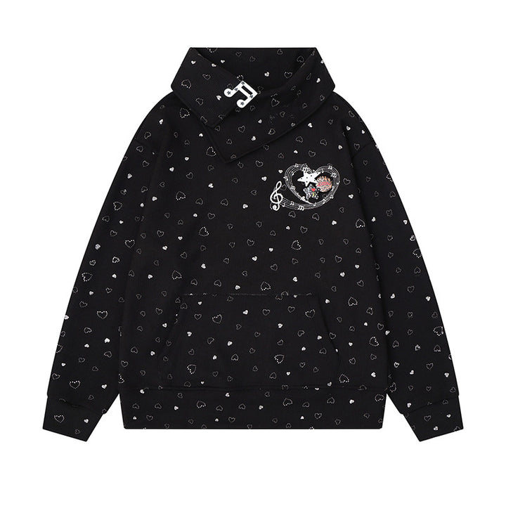 Women’s oversized sweatshirt with asymmetrical stand-up collar, kangaroo pocket and musical heart embroidery Mune Fashion
