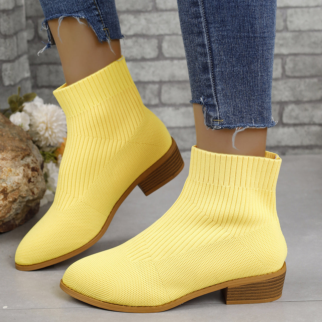 Women's knitted sock ankle boots with elastic shaft and low wooden block heel Mune Fashion