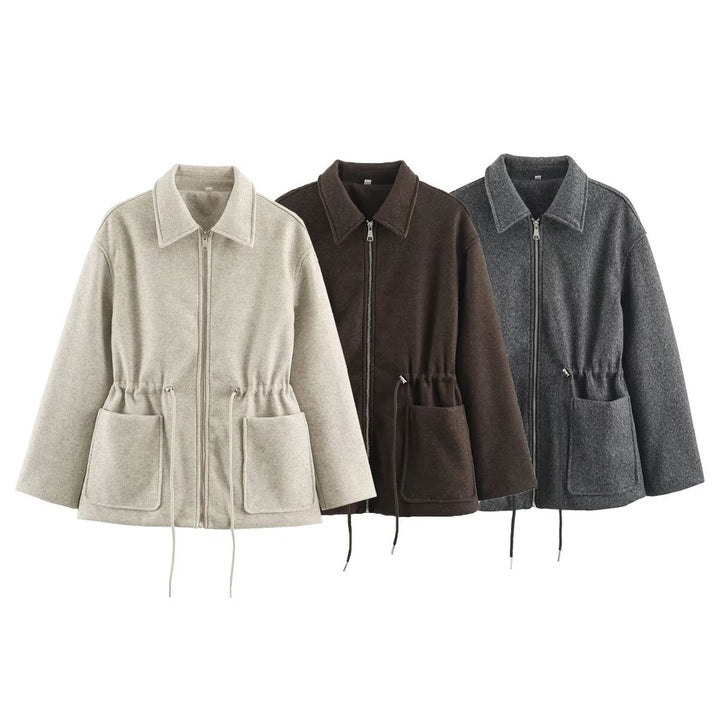 Women's short jacket made of wool blend with drawstring waist and patch pockets Mune Fashion