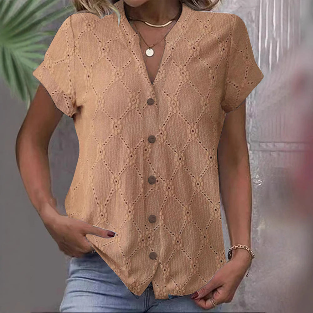 Women's short-sleeved embroidery blouse with V-neck and continuous button placket Mune Fashion