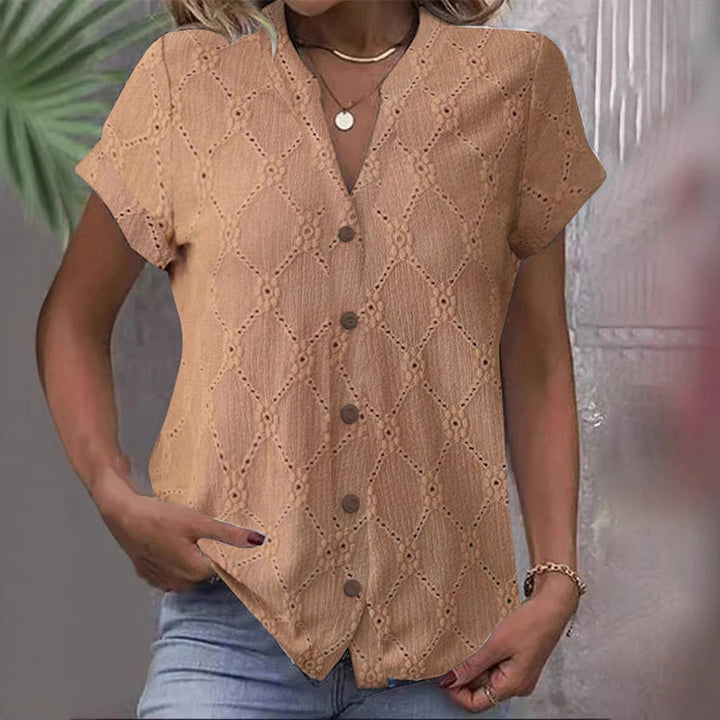 Women's short-sleeved embroidery blouse with V-neck and continuous button placket Mune Fashion