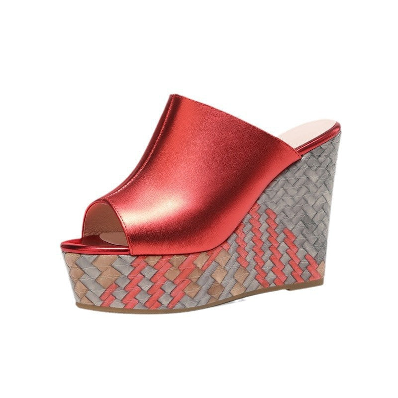 Women's elegant slip-on mule with open toe area, sculptural wedge platform in braided look and studded embellishment Mune Fashion