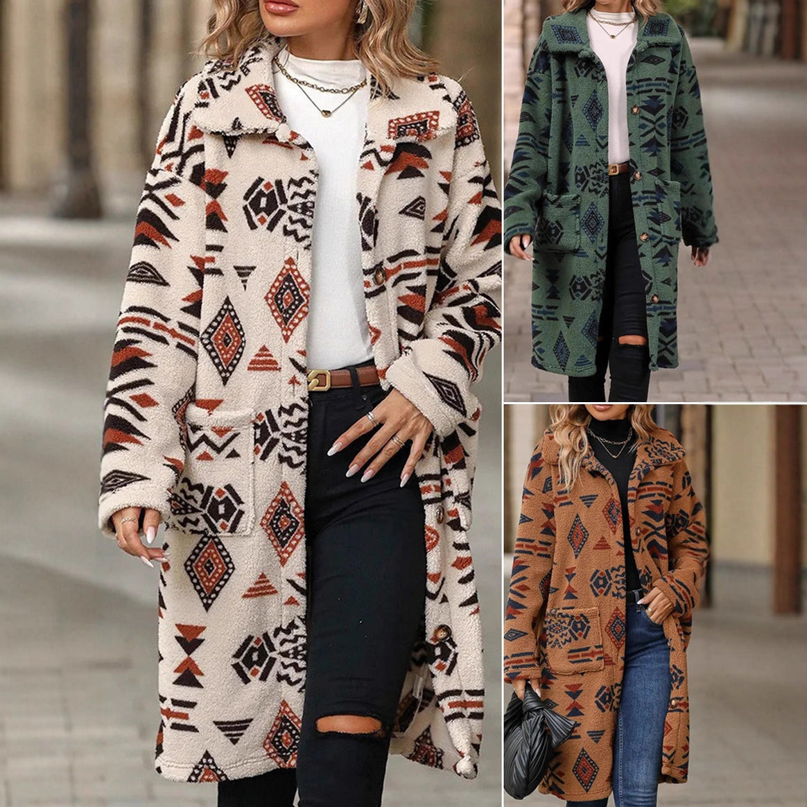 Women Teddy Coat with Aztec Pattern, Button Placket and Patch Pockets Mune Fashion