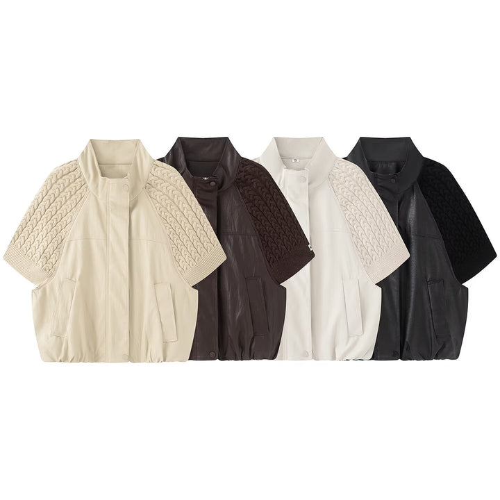 Women's Short Lamb Leather Vest with Stand-Up Collar and Knitted Cable Puff Sleeves Drune