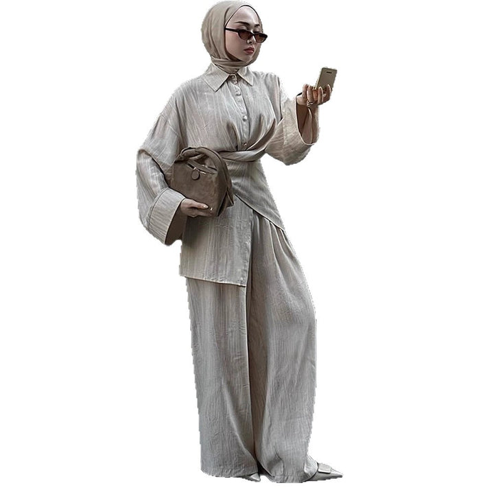 Women's casual tunic set with wrap belt and wide palazzo pants Mune Fashion