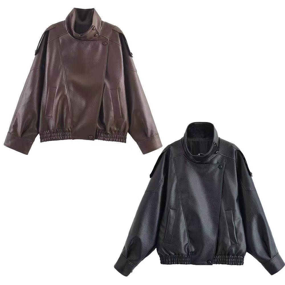 Women's Oversized Faux Leather Bomber Jacket with High Stand-Up Collar, Snap Button Placket and Smocked Cuffs Mune Fashion