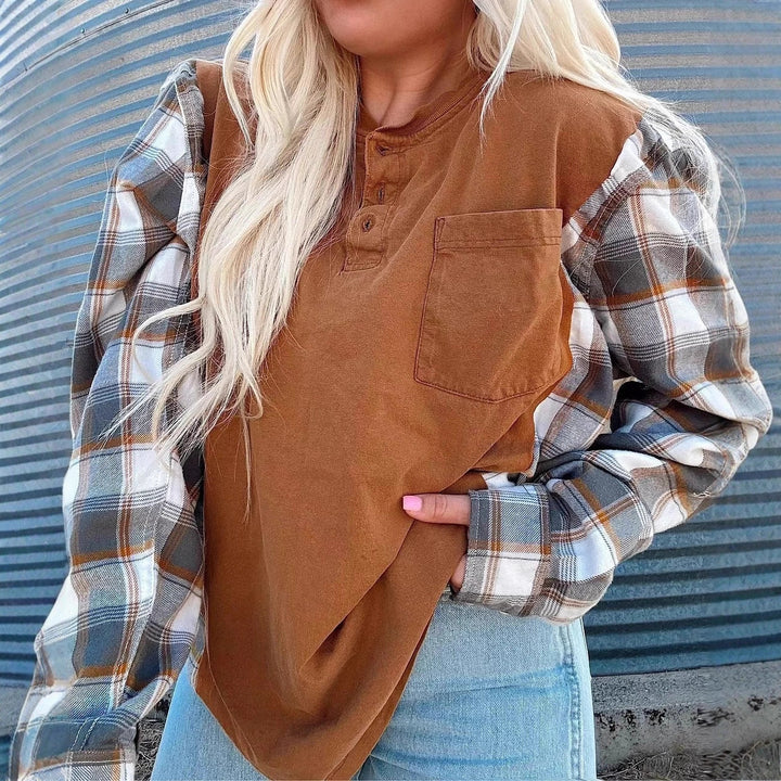Women's nan further Henley pullover in layered look with checked sleeves and chest pocket Mune Fashion