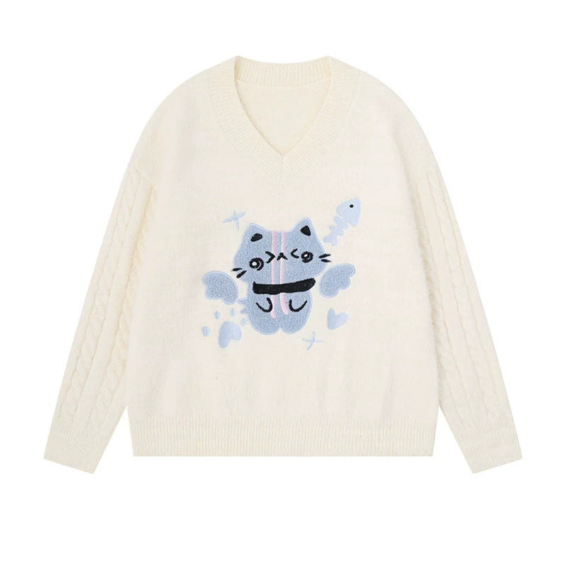 Women's V-neck knitted sweater with cable sleeves and chenille cat motif Mune Fashion