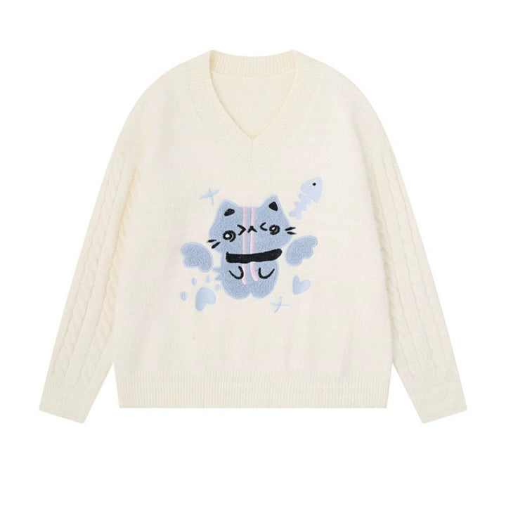 Women's V-neck knitted sweater with cable sleeves and chenille cat motif Mune Fashion