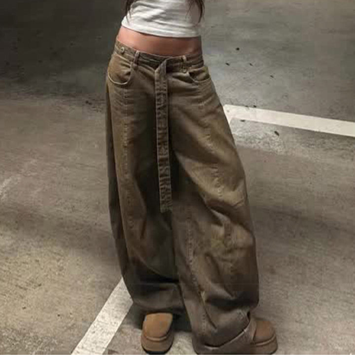 Women High-Waisted Wide Denim Pants with Wide Ties Mune Fashion