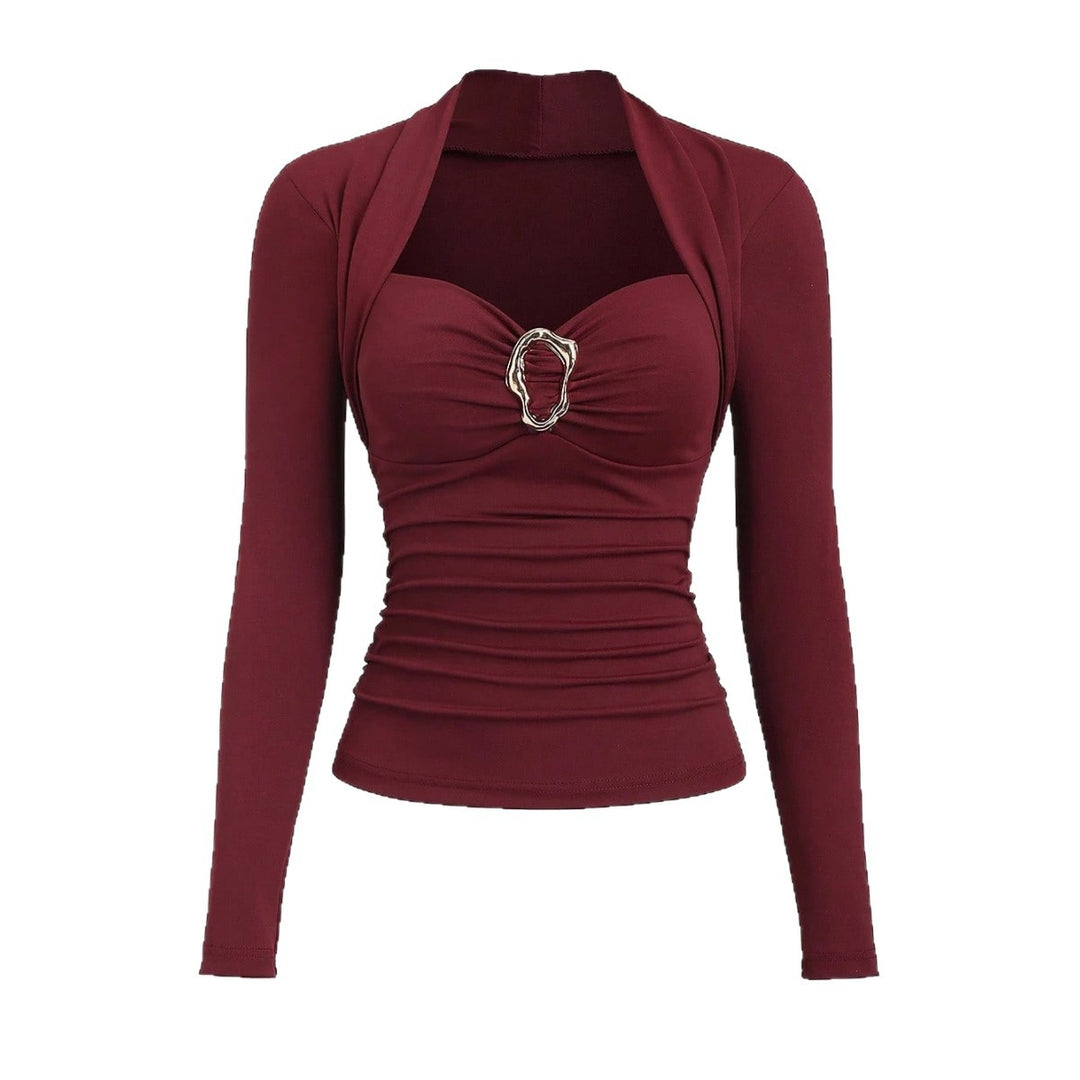 Women's figure-hugging gathered top with heart-shaped neckline, bustier look and gold decorative clasp Mune Fashion