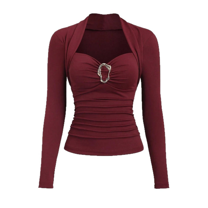 Women's figure-hugging gathered top with heart-shaped neckline, bustier look and gold decorative clasp Mune Fashion