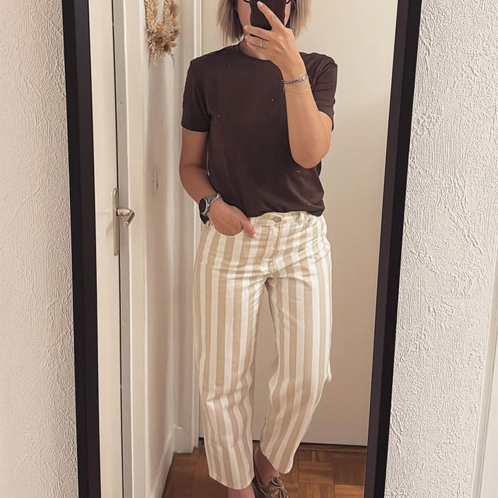 Women High-Waisted Striped Linen Pants with Wide Leg and Cropped Length Mune Fashion