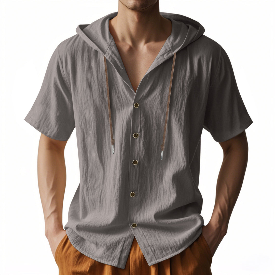 Men's breathable short sleeve hoodie made of linen blend with wooden button placket and drawstring Mune Fashion
