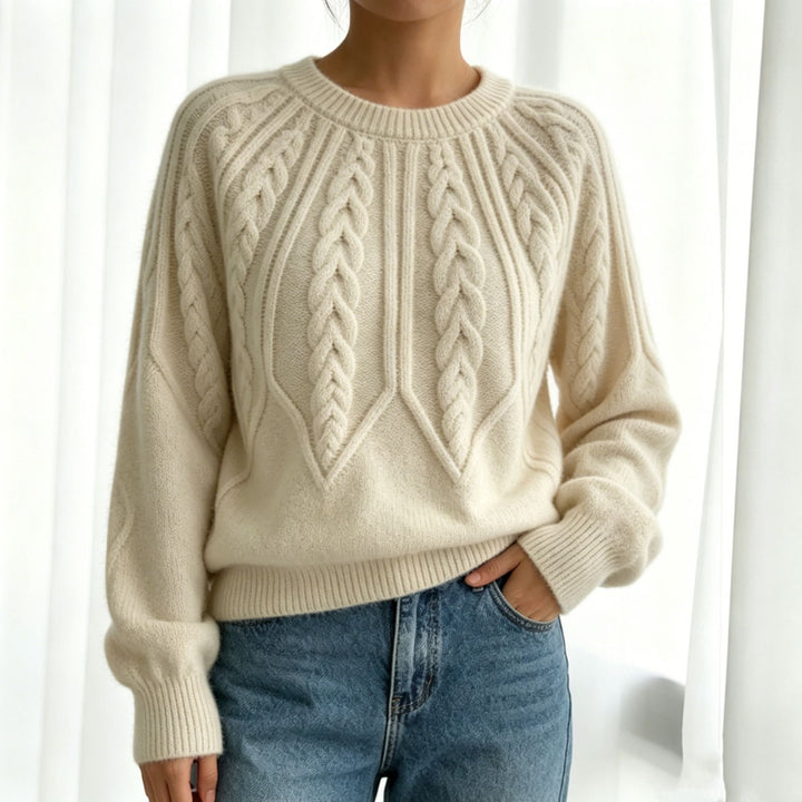 Women short-cut chunky knit cable sweater with balloon sleeves Mune Fashion