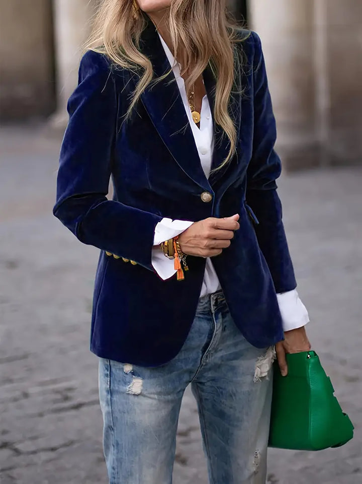 Women's Tailored Velvet Blazer with Notched Lapels and Decorative Buttons Drune