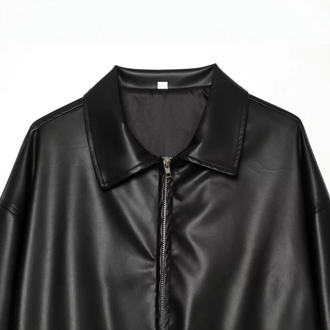 Women Oversize Faux Leather Bomber Jacket with Zipper and Elastic Hem Drune