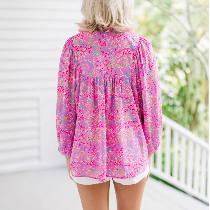 Women's Loose-Fit Floral Blouse with V-Neck and Gathered Yoke Mune Fashion