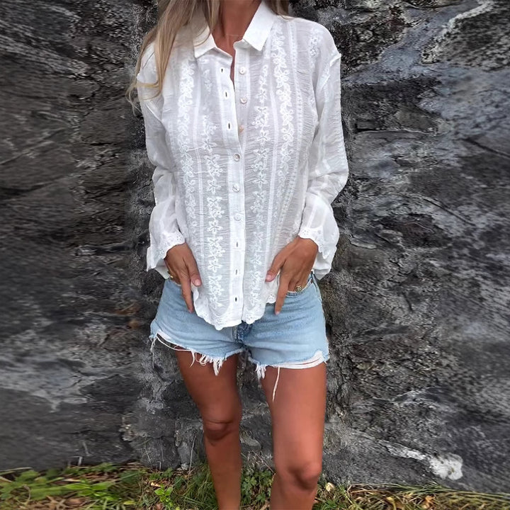 Women nan embroidered blouse with floral openwork embroidery, pearl button placket and casual oversized fit Mune Fashion