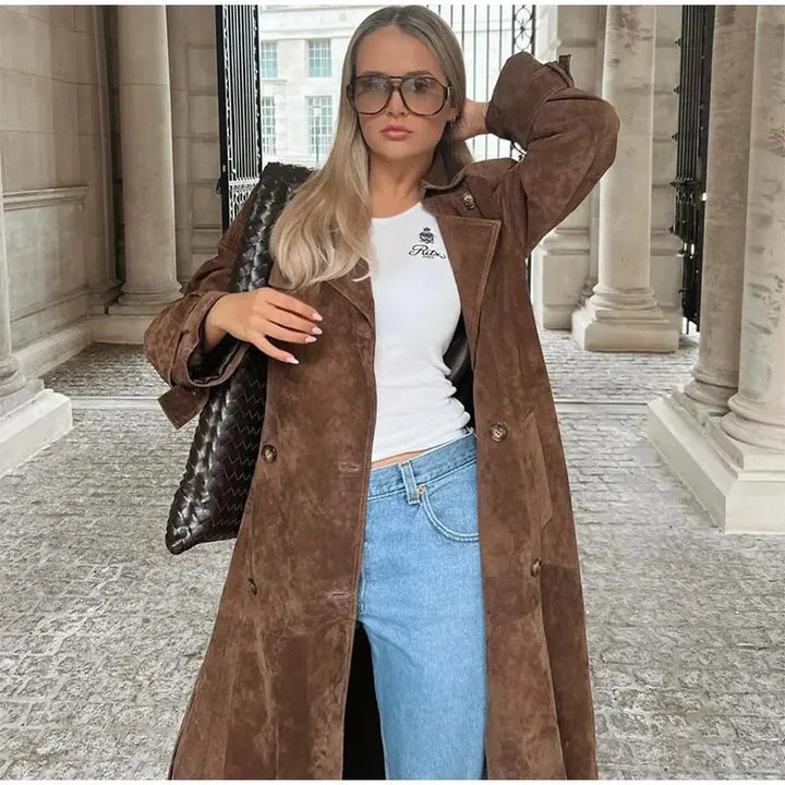 Women's 100+ long suede trench coat with waist belt and double-breasted Mune Fashion