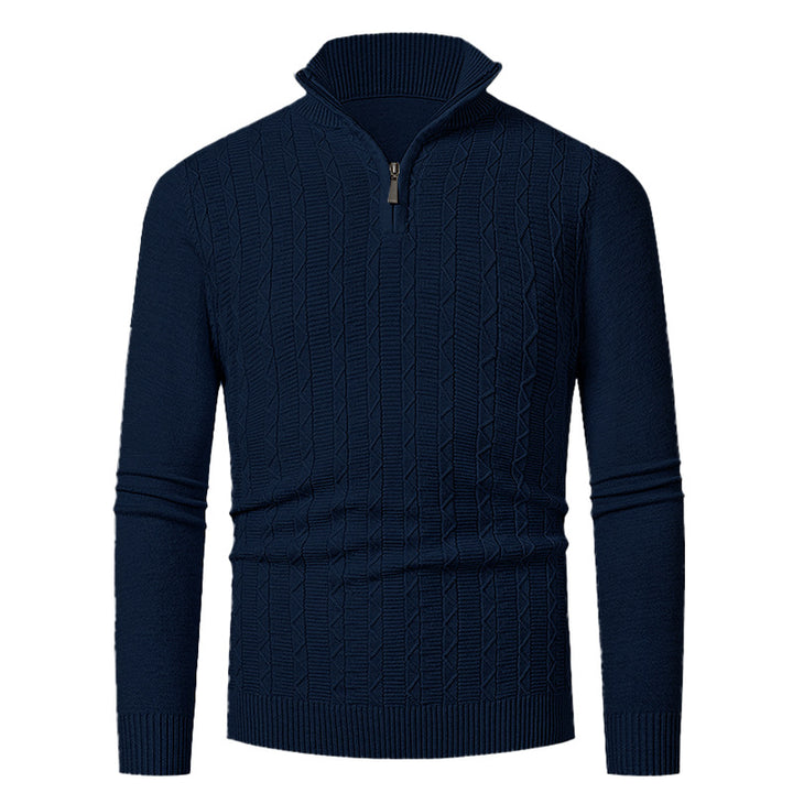 Men's Slim Fit Half-Zip Structured Pullover made of Merino Blend with Cable Knit Pattern and Stand-Up Collar Mune Fashion