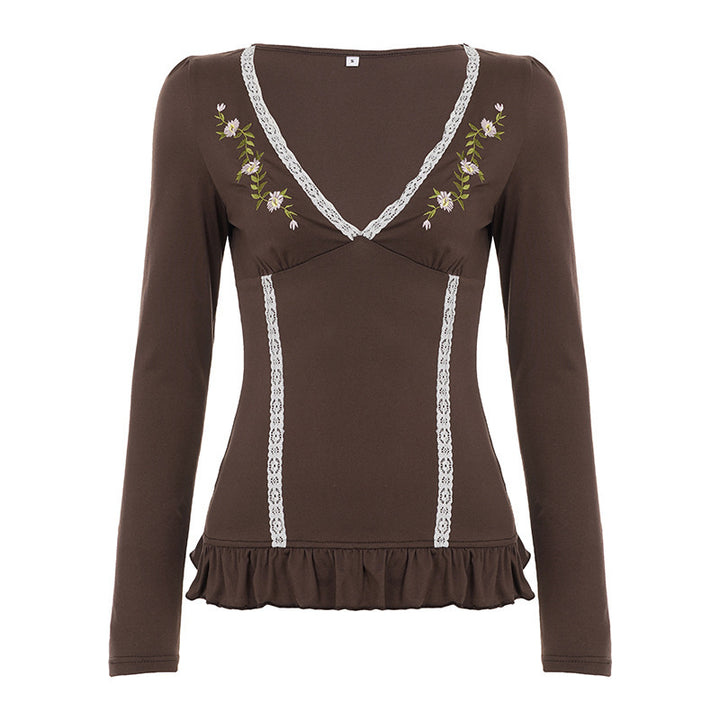 Ladies Long Sleeve V-Neck Shirt with Lace Trim, Embroidered Chest Yoke and Ruffle Hem Mune Fashion