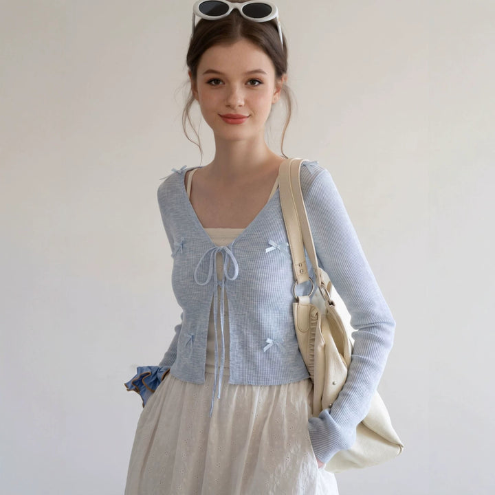 Women Cropped Fine Knit Cardigan with V-Neck, Tie Strap and Decorative Bows Mune Fashion