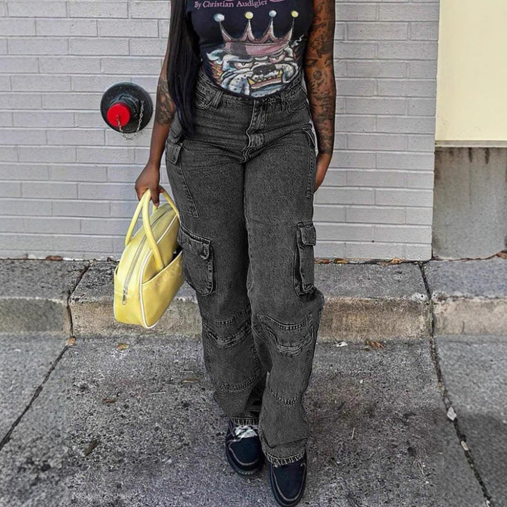 Women's Cargo Denim Pants with High Waist, Loose Baggy Cut and Functional Flap Pockets Mune Fashion