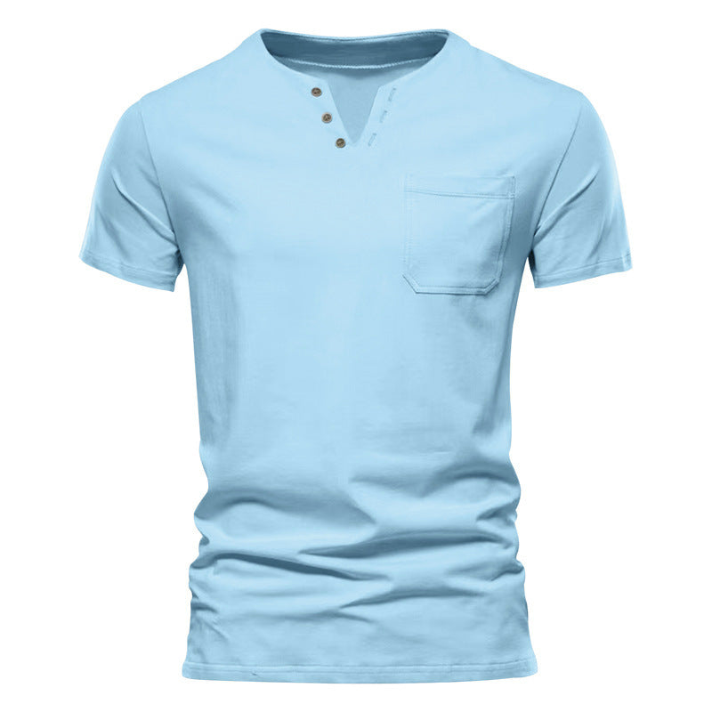 Men's tailored short sleeve Henley shirt with chest pocket and asymmetrical button placket Mune Fashion