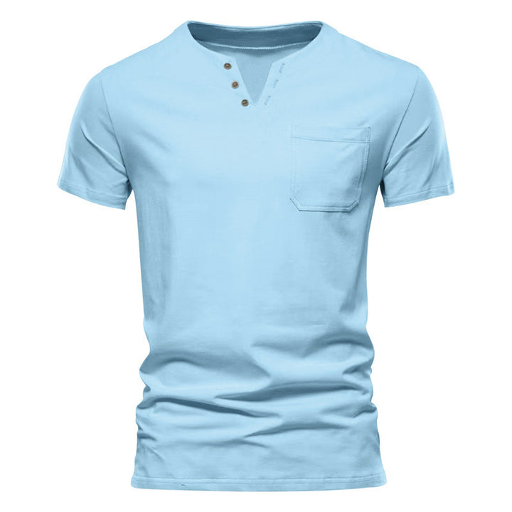 Men's tailored short sleeve Henley shirt with chest pocket and asymmetrical button placket Mune Fashion
