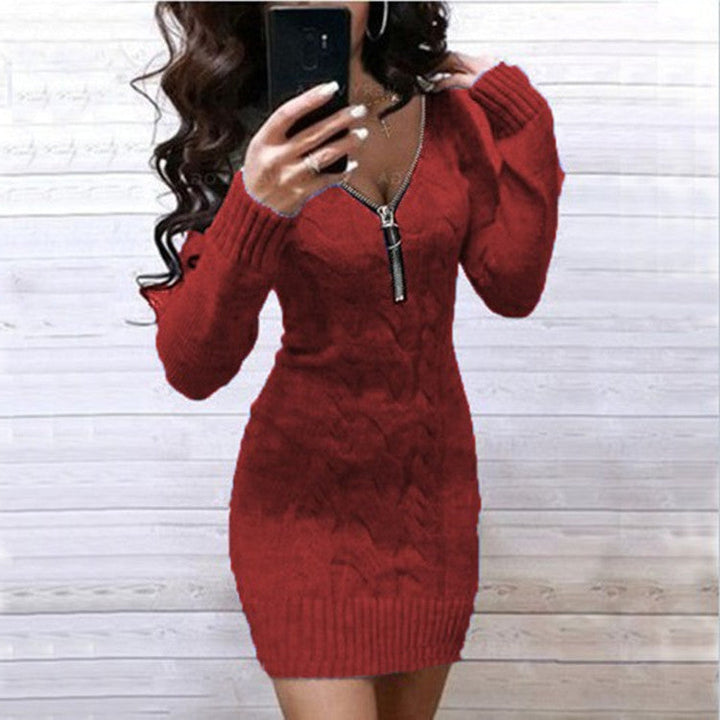 Ladies Knit Dress with Zipper and Cable Pattern Mune