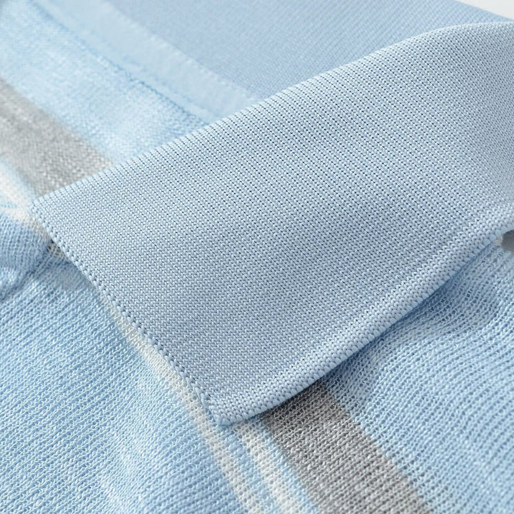 Men's knit polo shirt with open V-neck and fine stripe pattern Mune Fashion