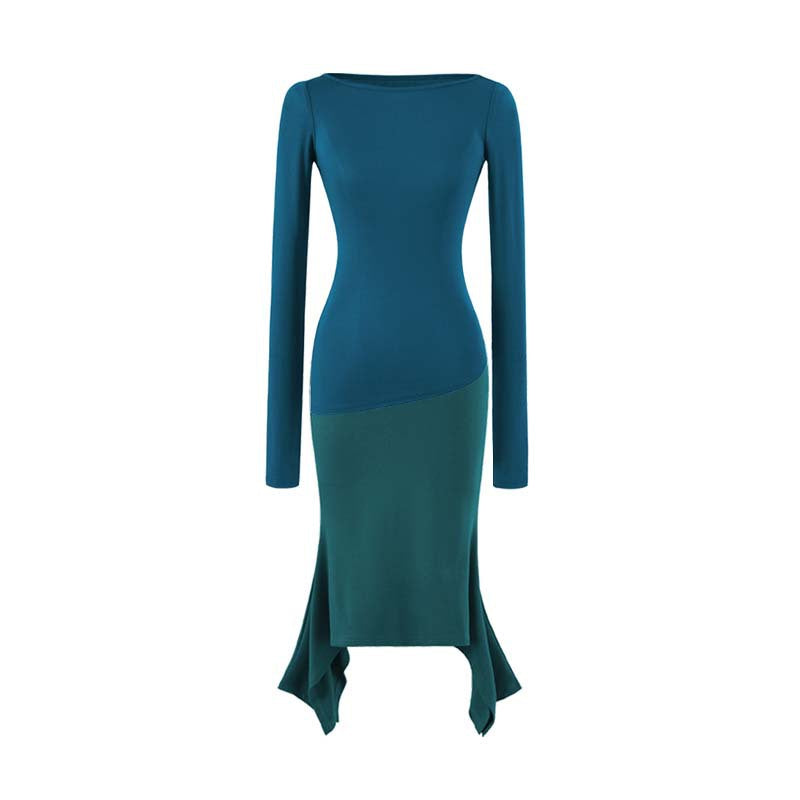 Women Figure-Hugging Midi Dress with Asymmetrical Hem and Panel Design Mune Fashion