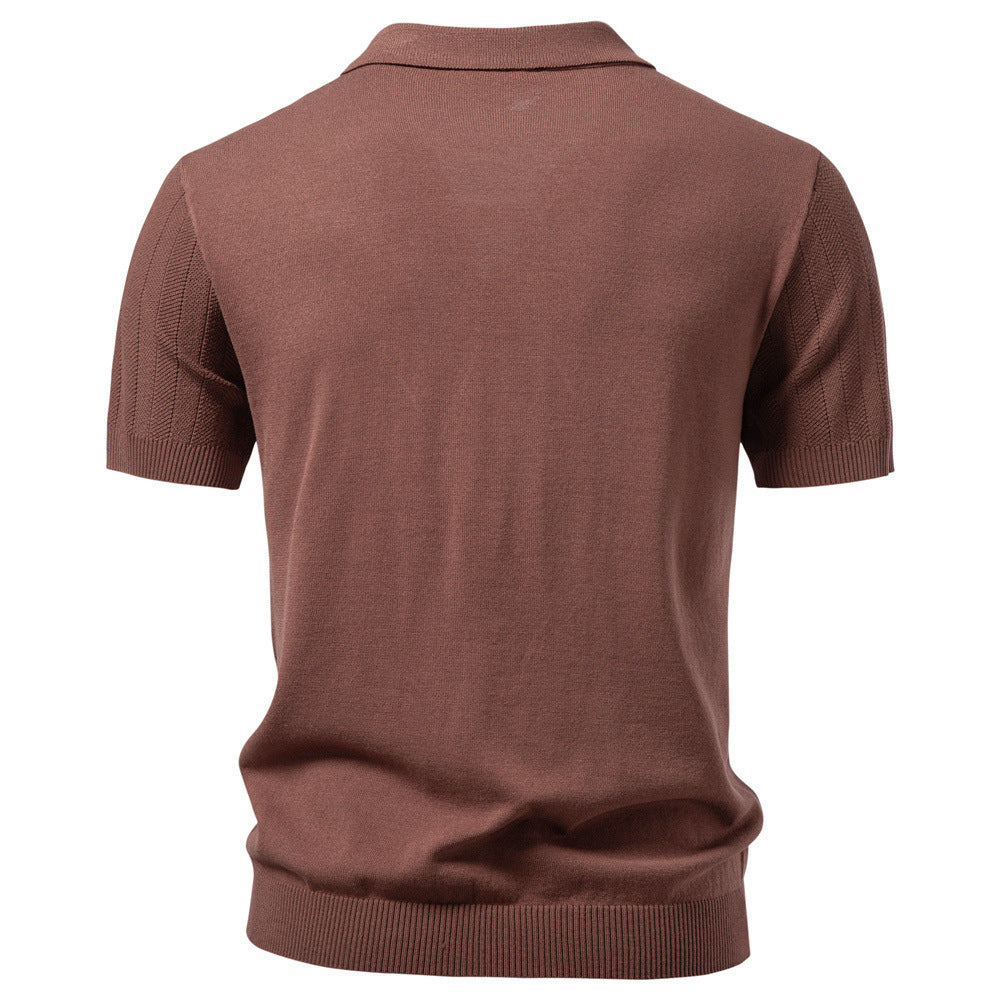 Men's short sleeve knitted cardigan with lapel collar and fine textured knit Mune Fashion