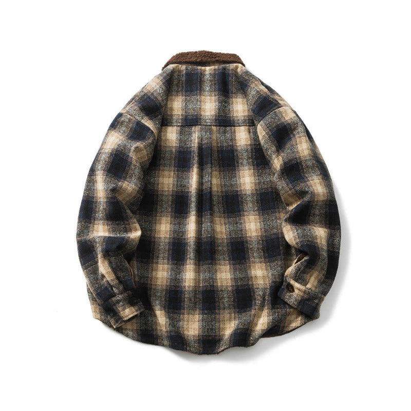 Unisex Checked Overshirt Jacket with Teddy Fleece Lining, Patch Chest Pockets and Shirt Collar Mune Fashion