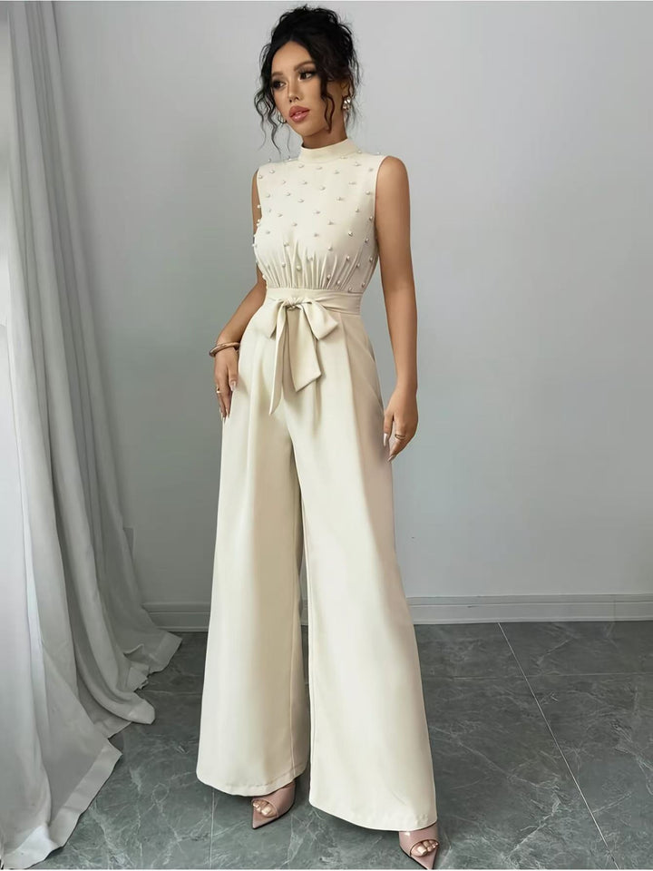 Women's Elegant Jumpsuit with Pearl Embellishment, Stand Collar and Wide Palazzo Leg Mune Fashion