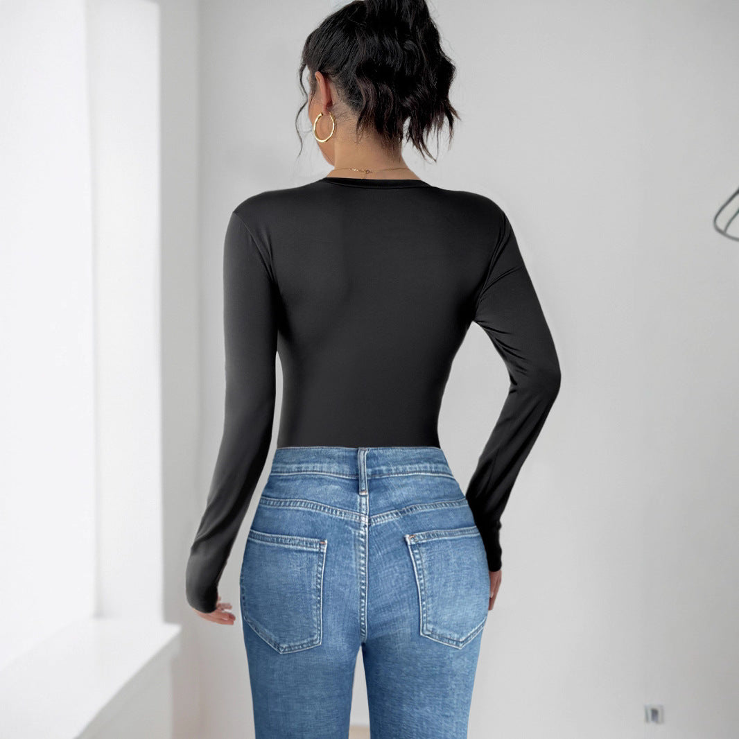 Women's Figure-hugging Long Sleeve Bodysuit with Three-dimensional Rose Appliqués Mune Fashion