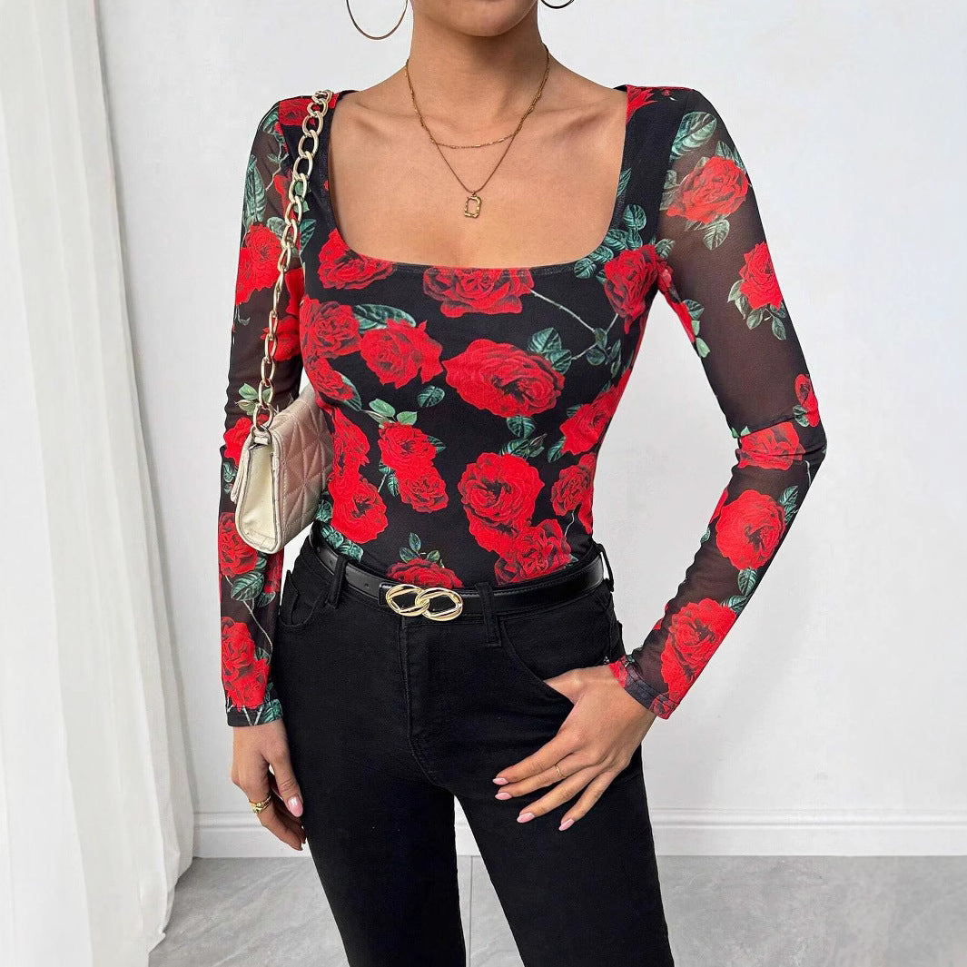 Women close-fitting stretch shirt with square neckline, fine mesh structure and large rose print Mune Fashion