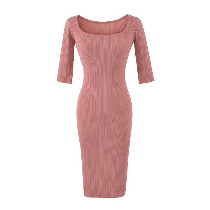 Women's Ribbed Midi Dress with Square Neckline and Three-Quarter Sleeves Mune Fashion
