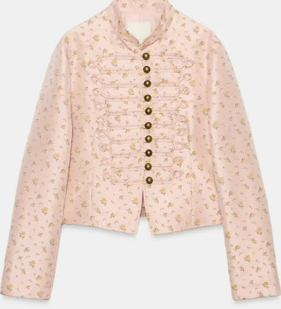 Women's Cropped Military Blouson with Mandarin Collar, Decorative Cords and Floral Woven Texture Mune Fashion