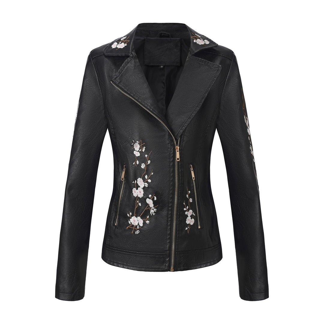 Women nan embroidered tailored faux leather biker jacket with asymmetrical zipper Mune Fashion