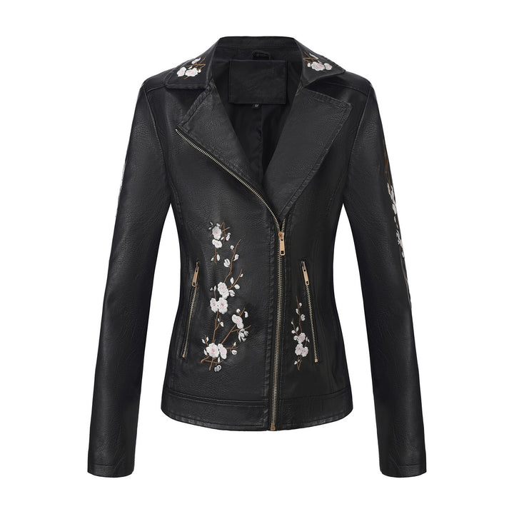 Women nan embroidered tailored faux leather biker jacket with asymmetrical zipper Mune Fashion