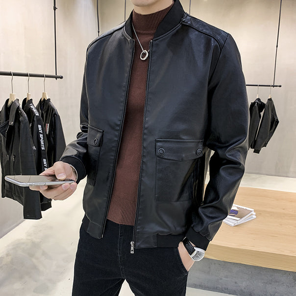 Men's Faux Leather Bomber Jacket in Aviator Minimal Style with Flap Pockets and Ribbed Cuffs Mune Fashion