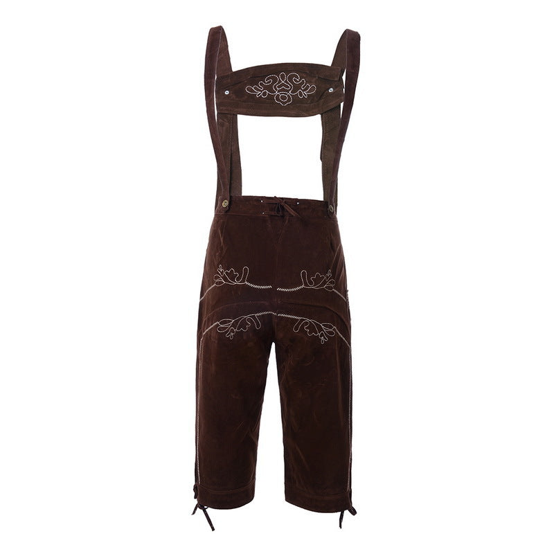 Men's traditional suede leather pants with embroidered suspenders and knee-length cuffs Mune Fashion