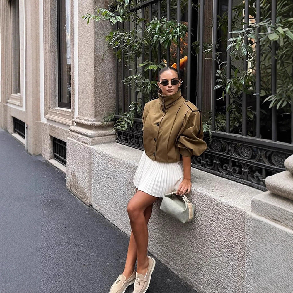Women Cropped Trench Coat with boxy silhouette, epaulettes and pleat details Mune Fashion