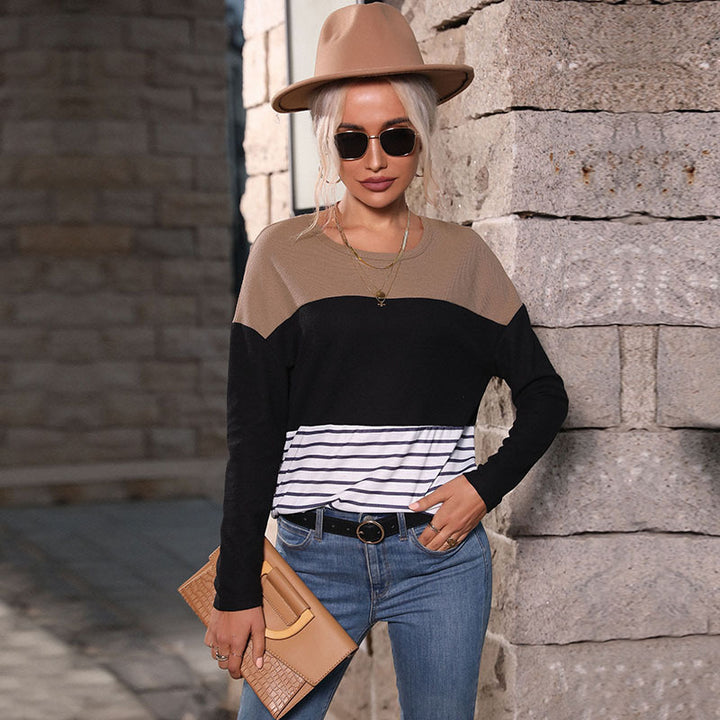 Women's Lightweight Crew Neck Knit Shirt with Waffle Structure Shoulders and Maritime Stripe Cuff Mune Fashion