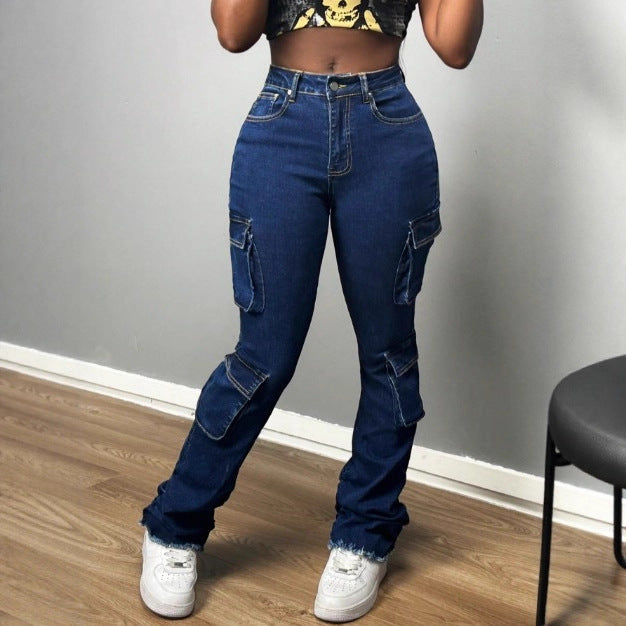 Ladies High-Waisted Cargo Jeans with Multiple Flap Pockets & Flared Hem Mune Fashion